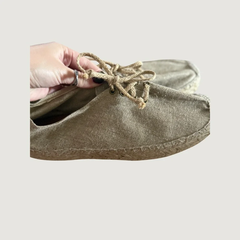 Nine West Tan Canvas Lace Up Espadrille Flats Women Size 9 Casual Summer Shoes